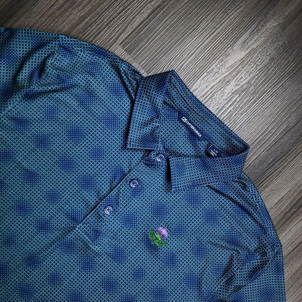 Cutter & Buck TPC Golf Polo Shirt Mens Large Blue Green Grid Stretch Performance